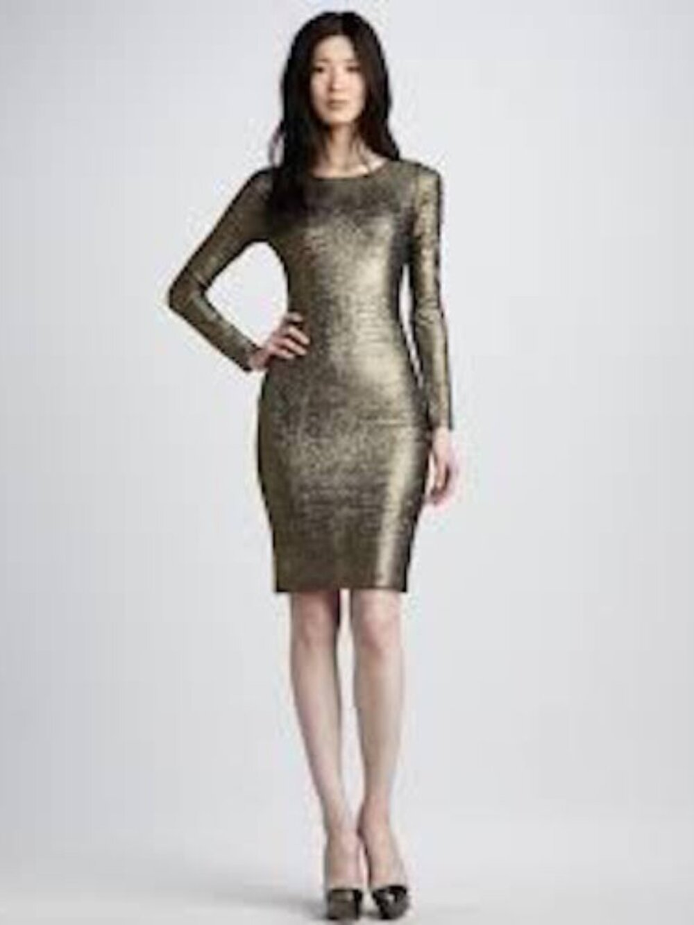 Alice & Olivia gold metallic sheath bodycon stretch party dress wedding XS NWT